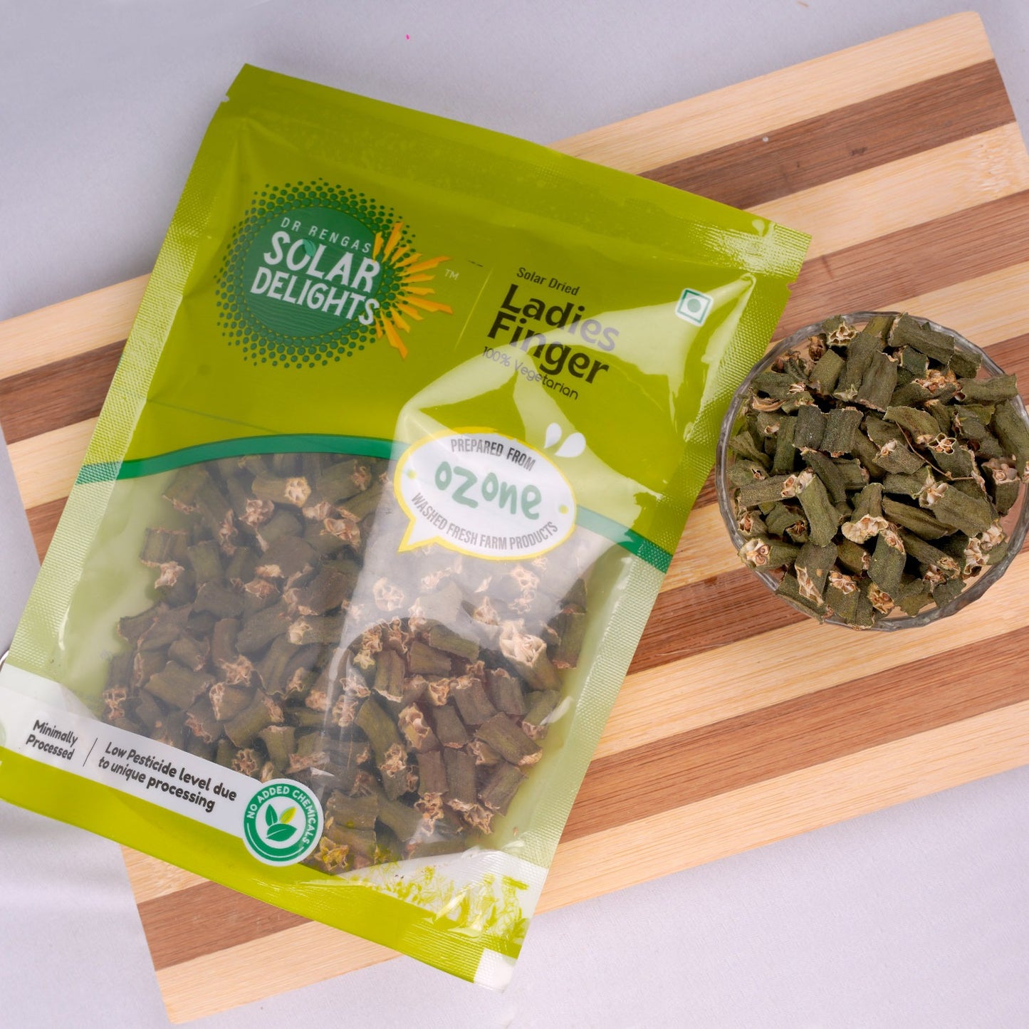 Rustic presentation of dried vegetable pieces on wooden surface