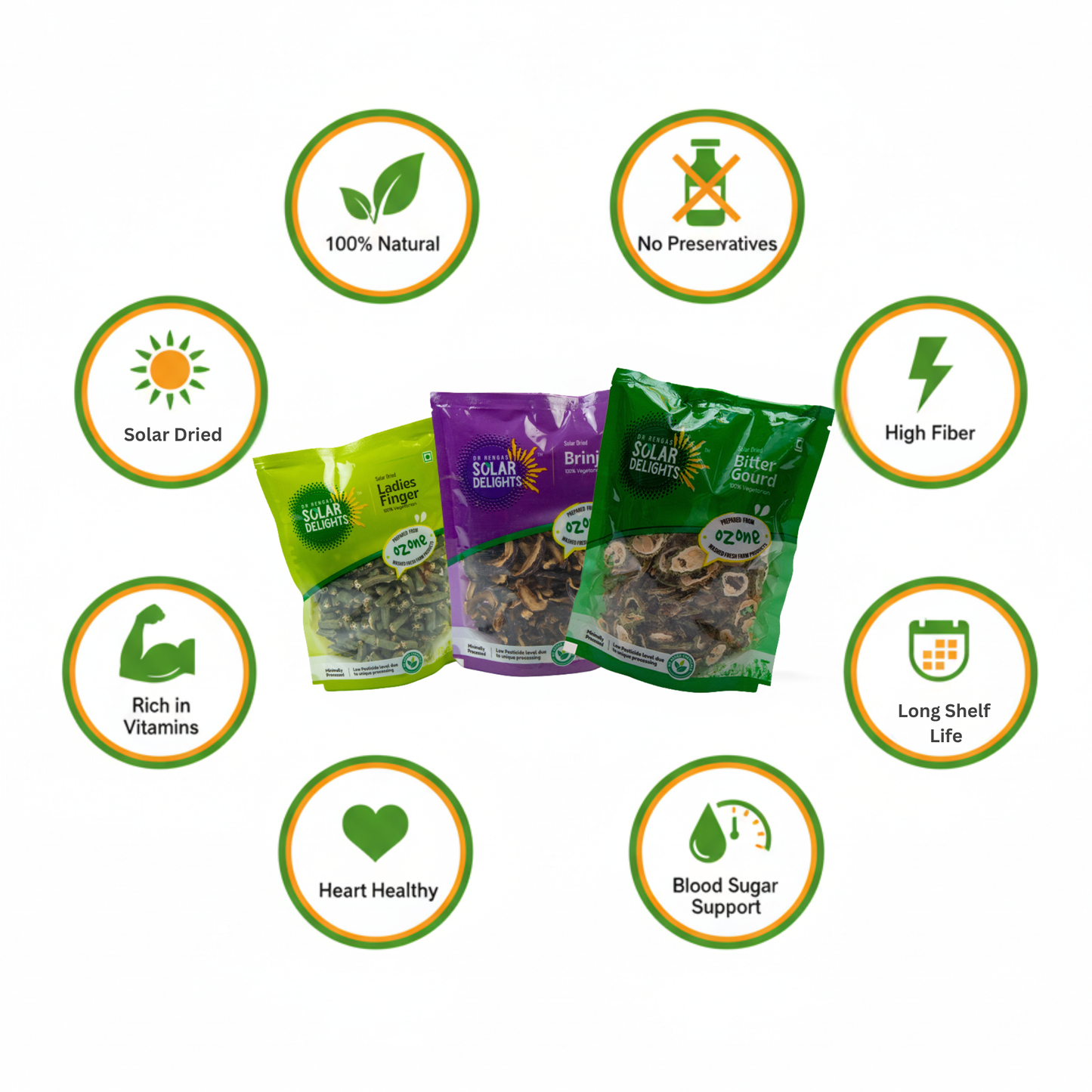 Clean eating Everyday Veggie Combo featuring ozone-washed solar-dried ladies finger, dehydrated bitter gourd, and dried brinjal - pesticide-free, chemical-free vegetables for weight management and healthy lifestyle
