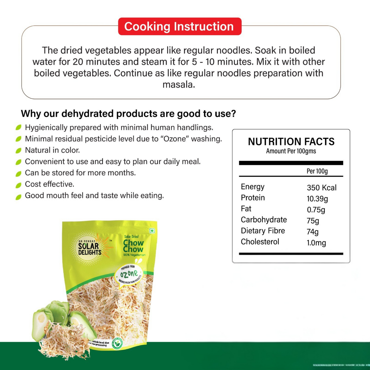Clear nutritional chart showing vitamins, minerals, and calorie content per serving