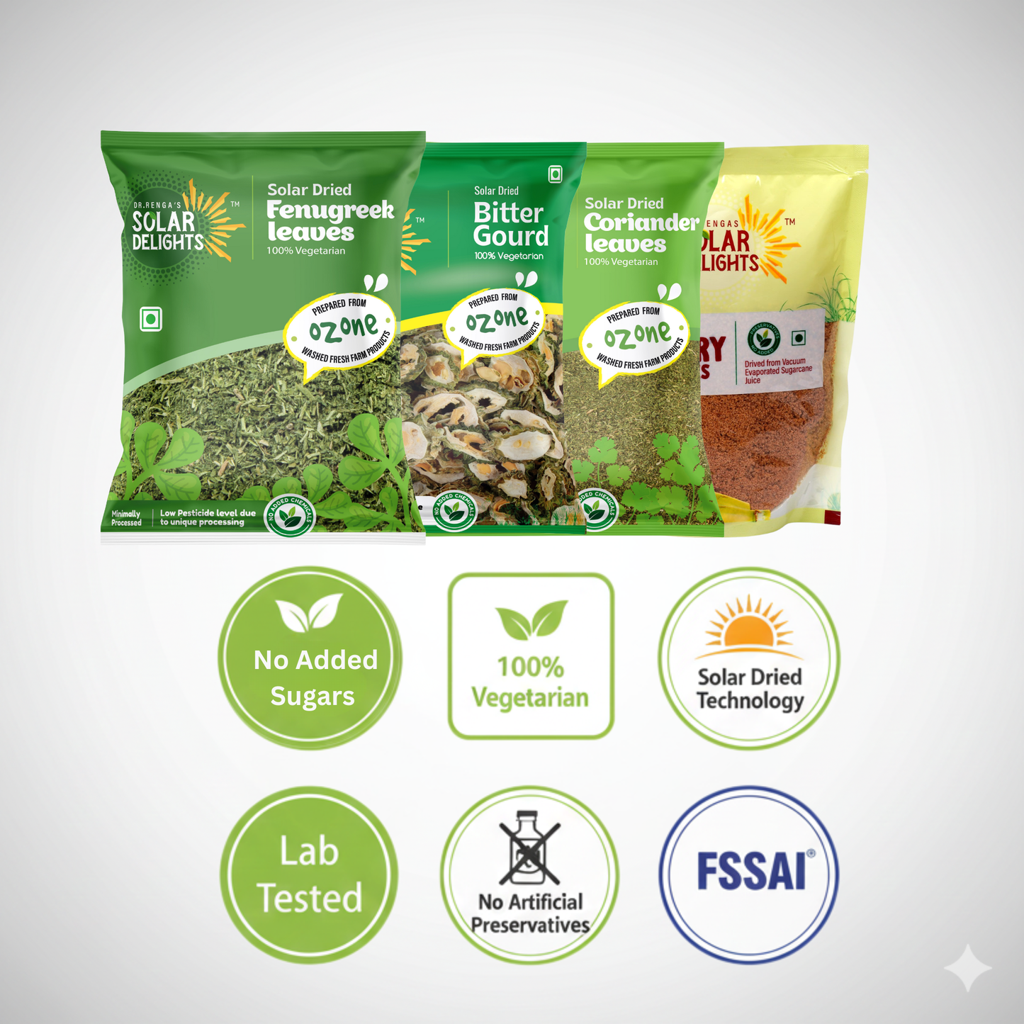 Natural jaggery sweetener combined with solar-dried bittergourd, dehydrated fenugreek, and coriander - Healthy Lifestyle Pack offering chemical-free alternative to refined sugar with added wellness benefits