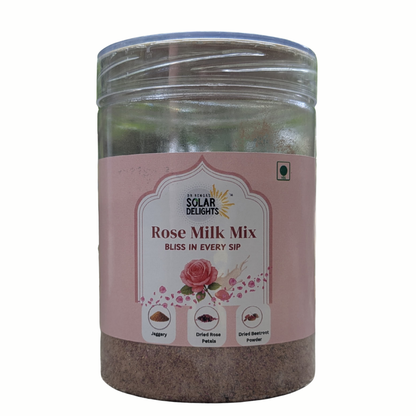 Front display of Dr. Renga’s Solar Delights rose-flavored milk mix packaging