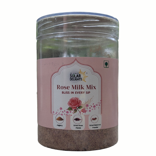 Front display of Dr. Renga’s Solar Delights rose-flavored milk mix packaging