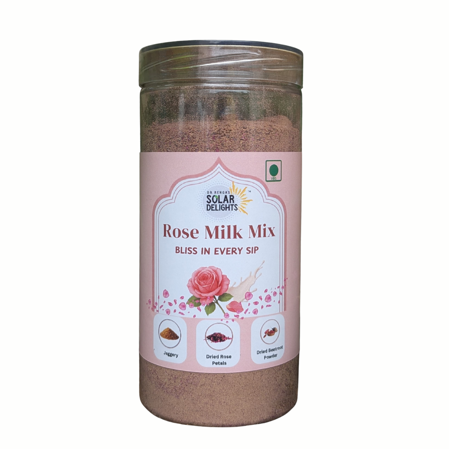 Front view of Dr. Renga’s Solar Delights rose-flavored milk mix pack