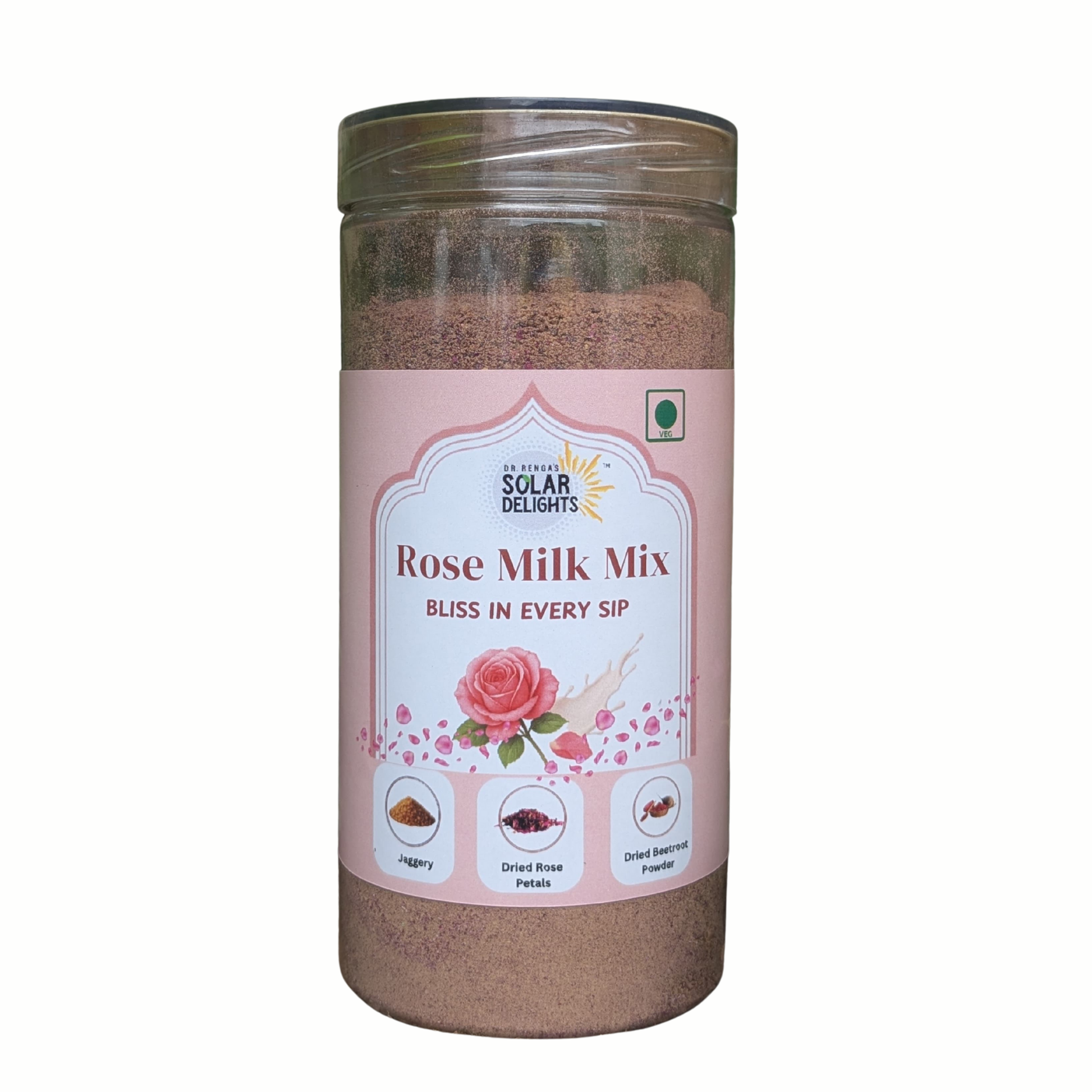 Front view of Dr. Renga’s Solar Delights rose-flavored milk mix pack