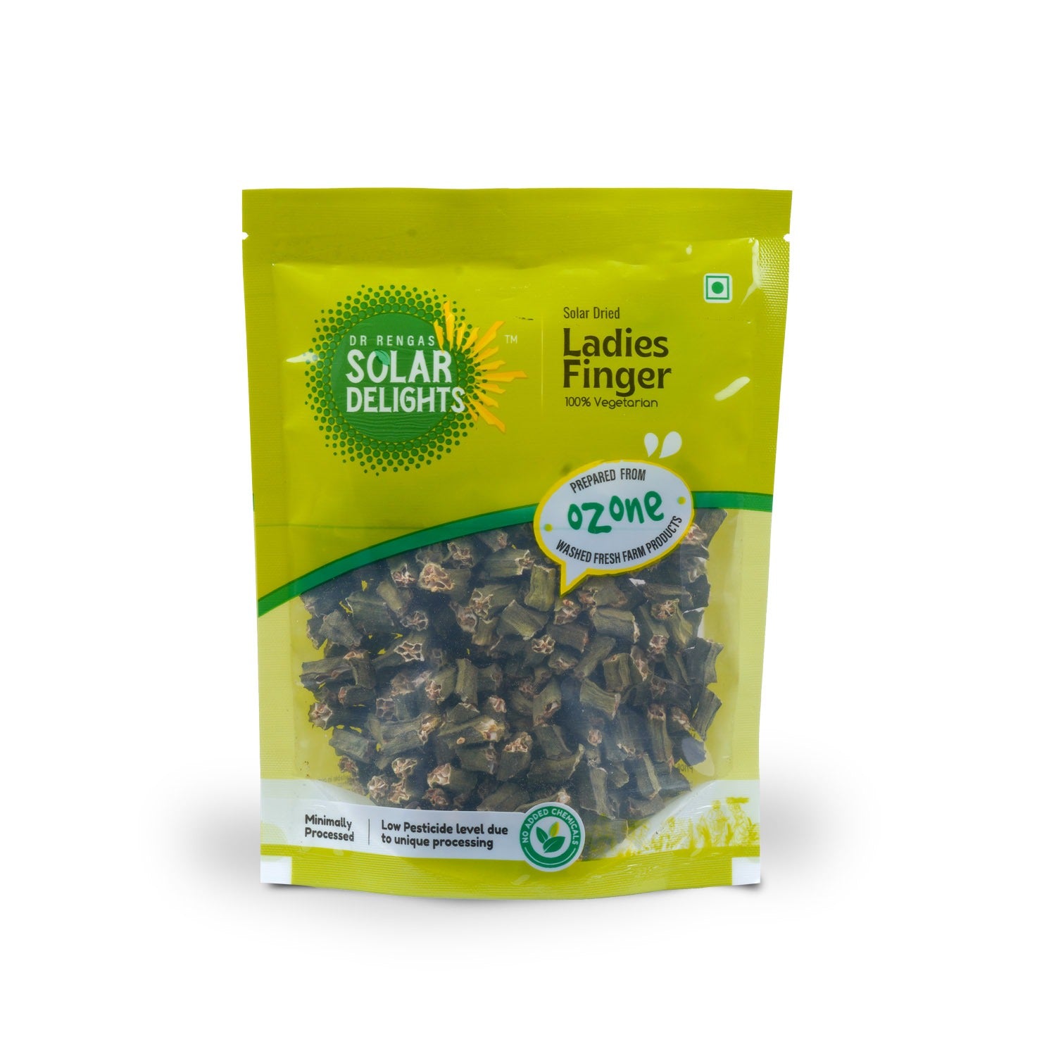 Close-up of dried vegetable pieces in eco-friendly packaging
