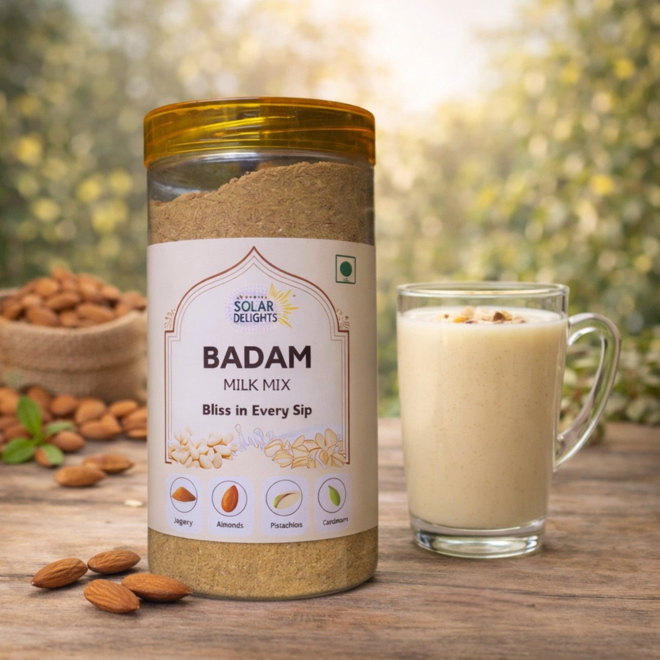 Authentic Badam Milk Mix blend with crunchy almonds and saffron flavor perfect for daily wellness drinks