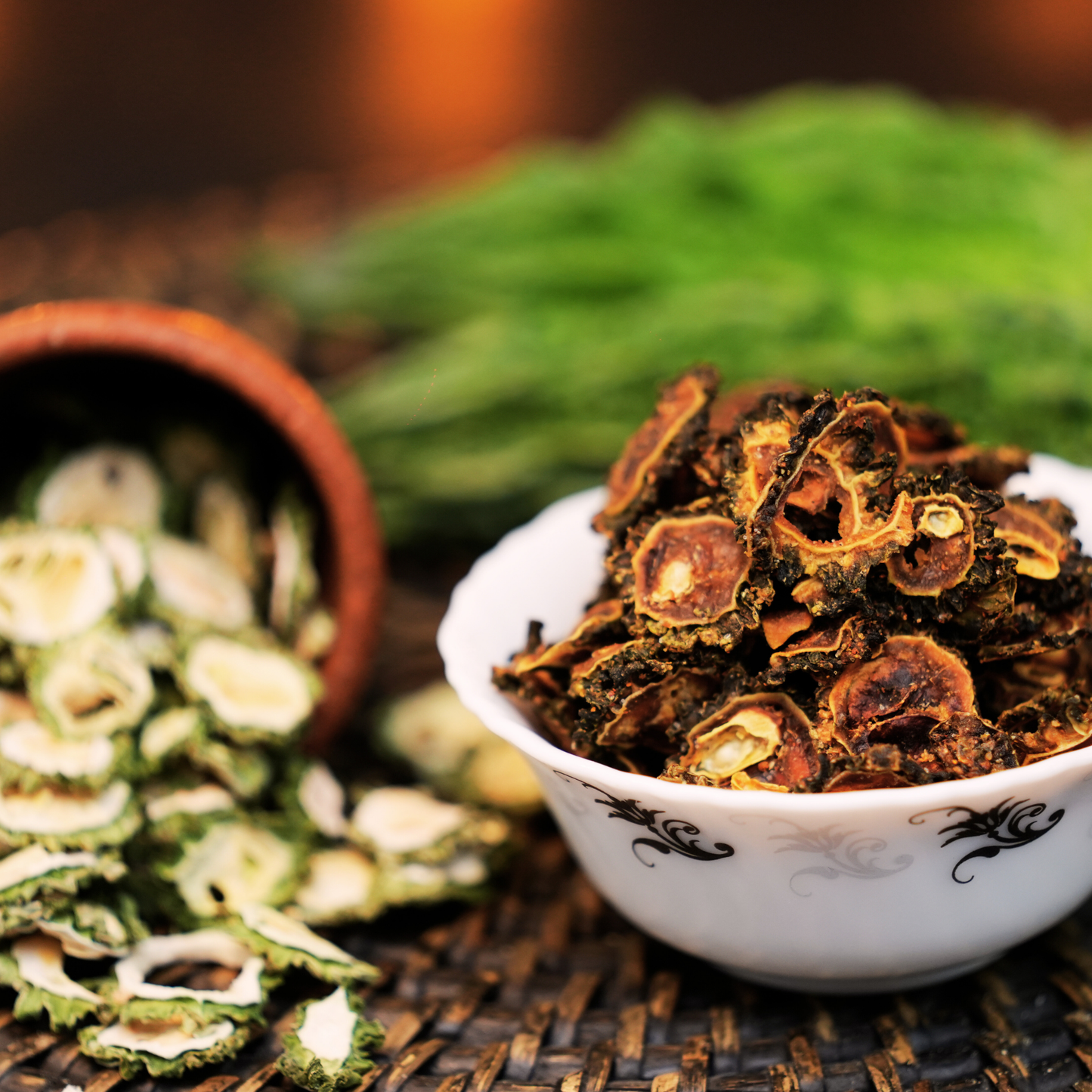 Bitter gourd chips – natural superfood snack for blood sugar management, fried in pure chekku oil by Dr. Renga's