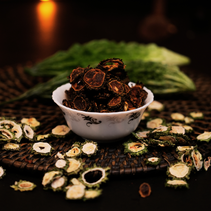 Bowl of golden bitter gourd chips – healthy South Indian evening snack with zero preservatives by Dr. Renga's