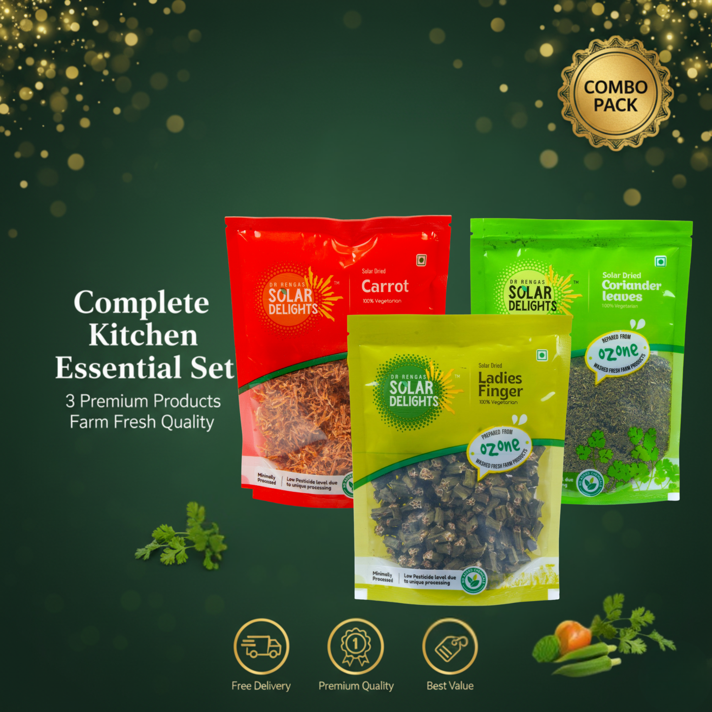 Chemical-free and ozone-washed Everyday Cooking Pack with solar-dried coriander, dehydrated carrots, and ladies finger - no preservatives, no added sugar, pure natural vegetables