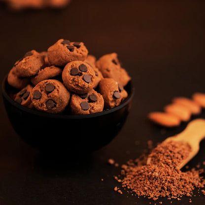 Close-up of crispy dark cocoa choco cookies – no white sugar, no eggs by Dr. Renga's Solar Delights