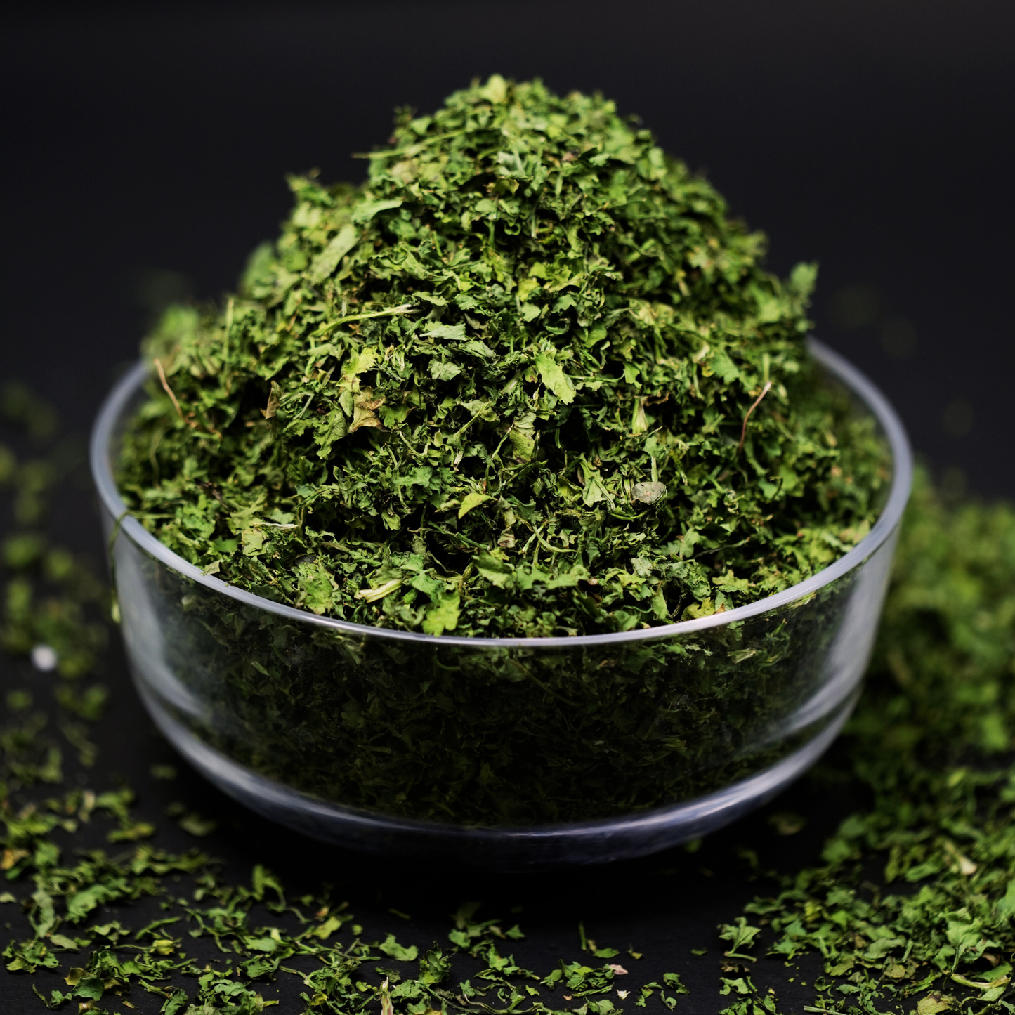 Close-up of solar dried coriander leaves showing vibrant green colour and fresh texture