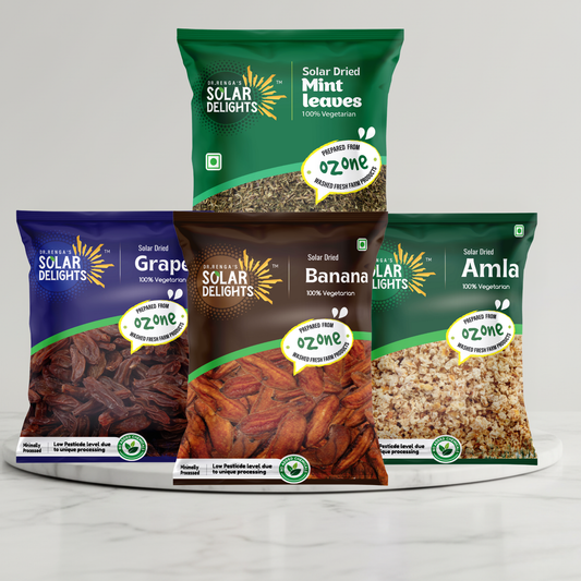 Dr. Renga's Solar Delights Premium Dried Fruit Mix 600g featuring solar-dried amla, dehydrated banana, dried grapes, and mint - chemical-free healthy fruit snack with no added sugar and natural nutrients