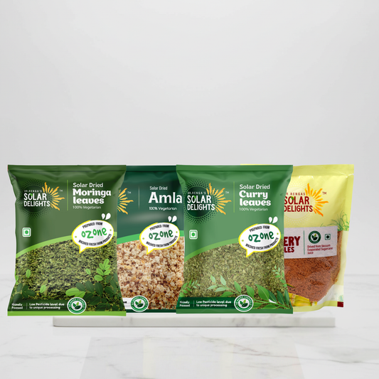 Dr. Renga's Solar Delights Premium Herbal Fusion 700g featuring solar-dried amla (Indian gooseberry), nutrient-rich moringa leaves, natural jaggery, and curry leaves - complete wellness blend with no chemicals or preservatives