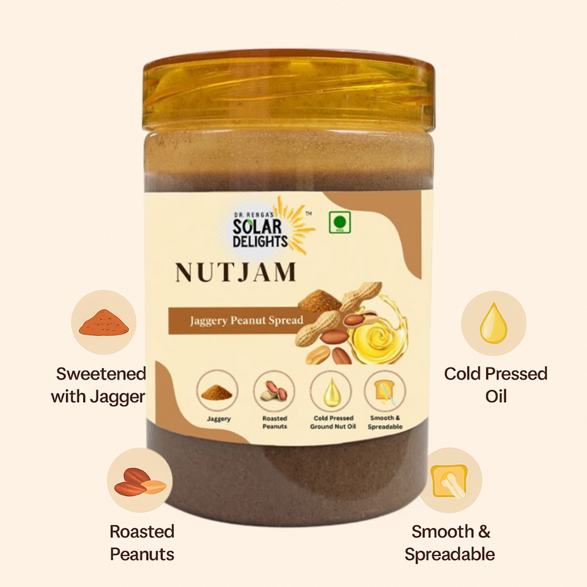 Jar of Solar Delights Nutjam with label detailing ingredients on a white background