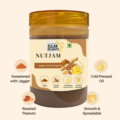 Jar of Solar Delights Nutjam with label detailing ingredients on a white background