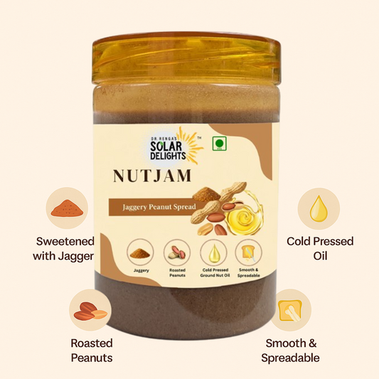 Jar of Solar Delights Nutjam with label detailing ingredients on a white background