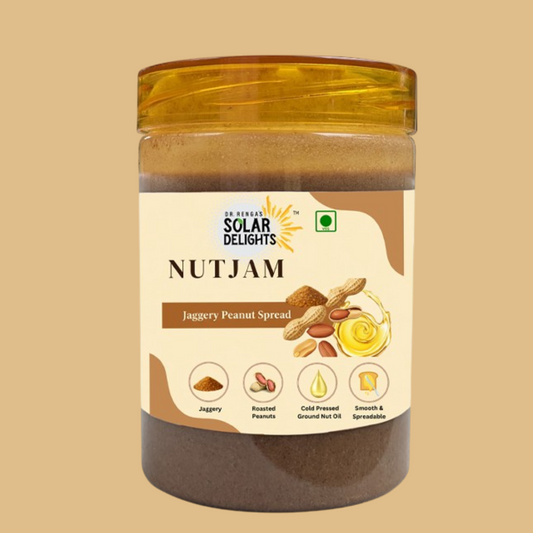 Jar of Nutjam Jaggery Peanut Spread with Solar Delights label on a beige background