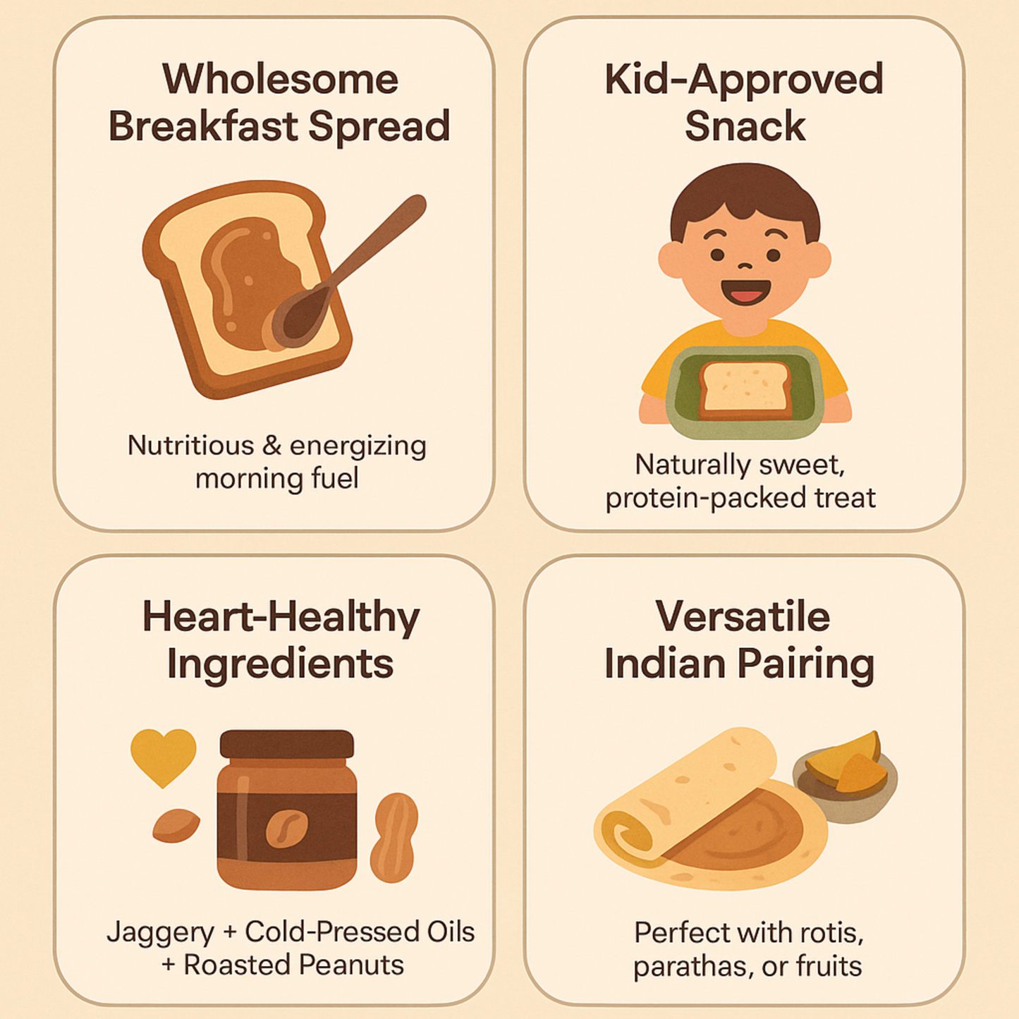 Illustrations and text describing the benefits and uses of a nutritious spread on a beige background.