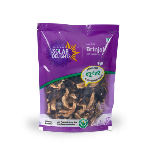 Front view of packaged brinjal slices in eco-friendly pouch