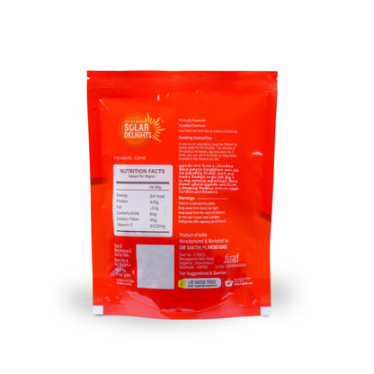 Back panel showing detailed ingredient list and nutrition information for dried carrot cubes