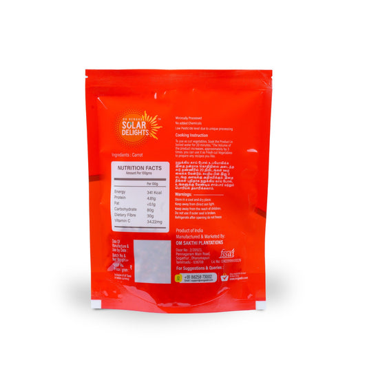 Back panel showing detailed ingredient list and nutrition information for dried carrot cubes
