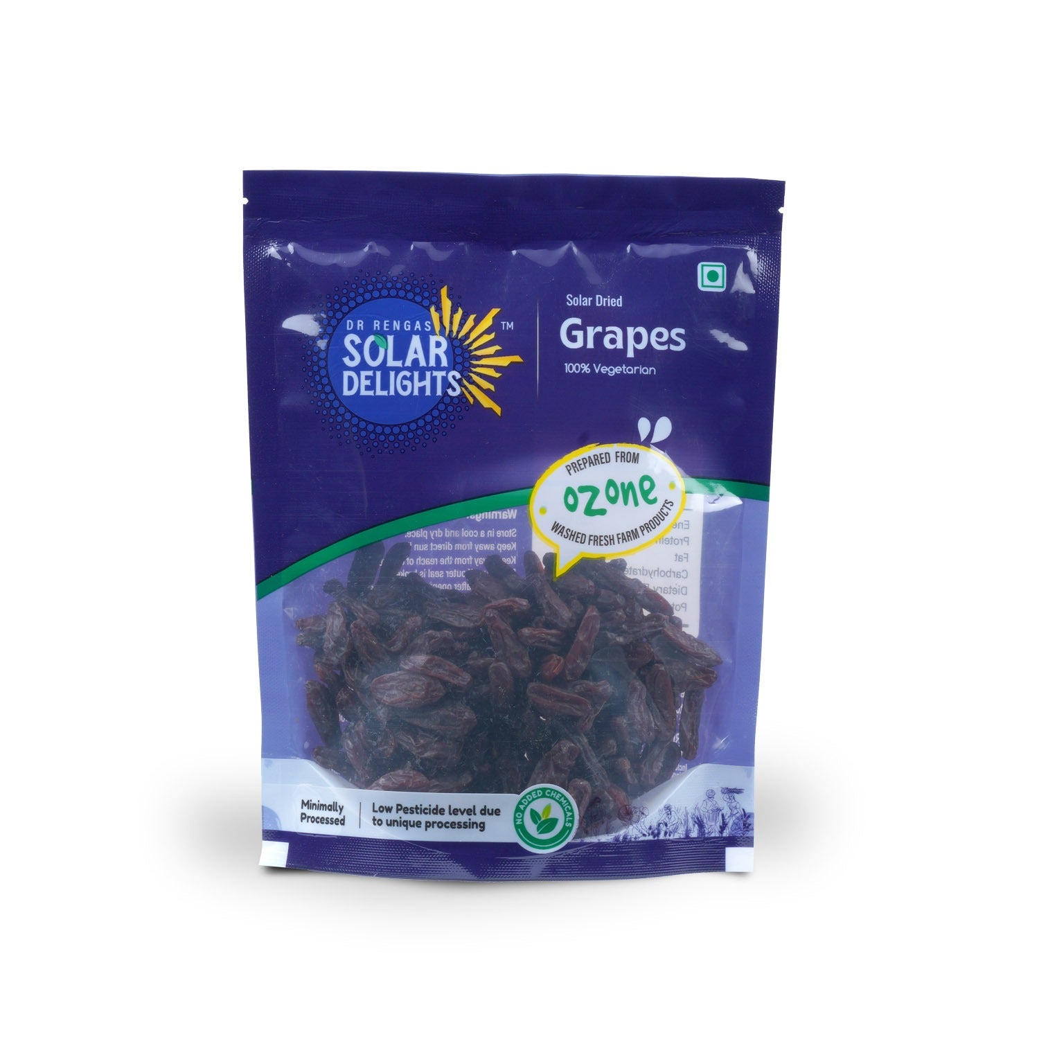 Close-up view of golden Thompson seedless grapes in eco-friendly packaging