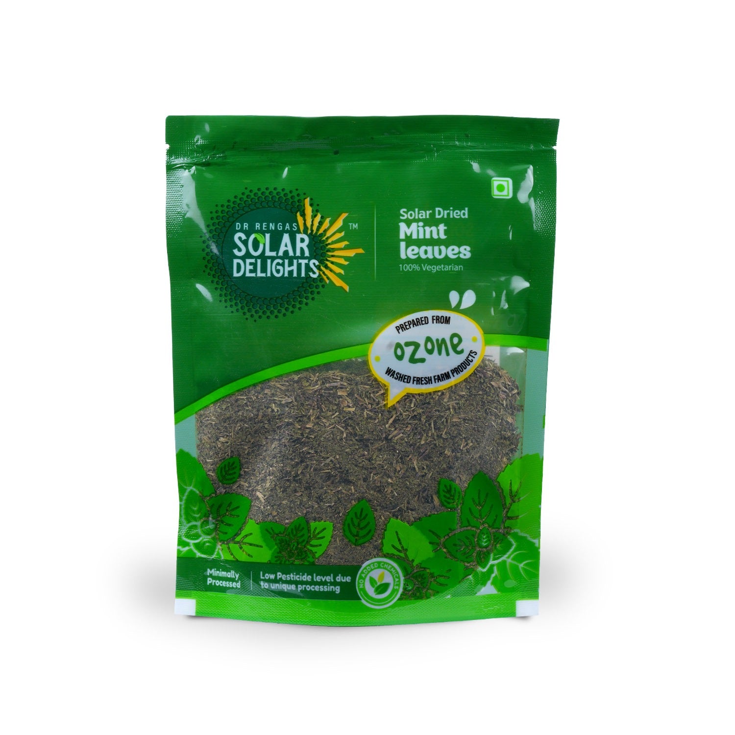Front view of premium dried mint leaves packaging