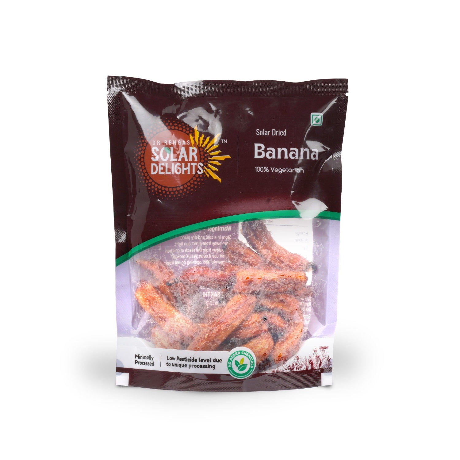 Premium Dr. Renga’s Solar Delights dried banana – healthy solar dried dry fruit snack made from natural ripe bananas.
