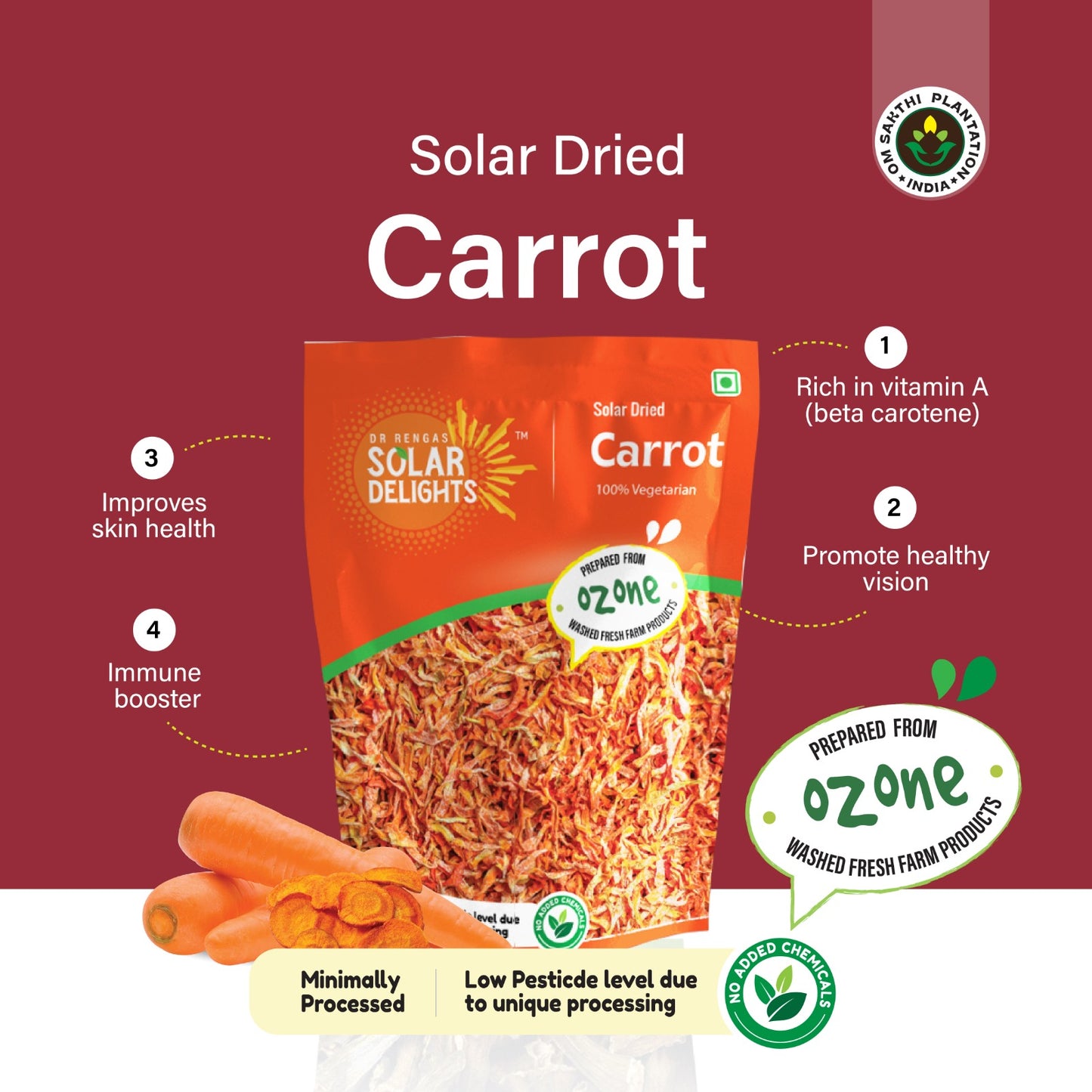 Dried carrot flakes – dehydrated carrot pieces for cooking or adding to healthy recipes.