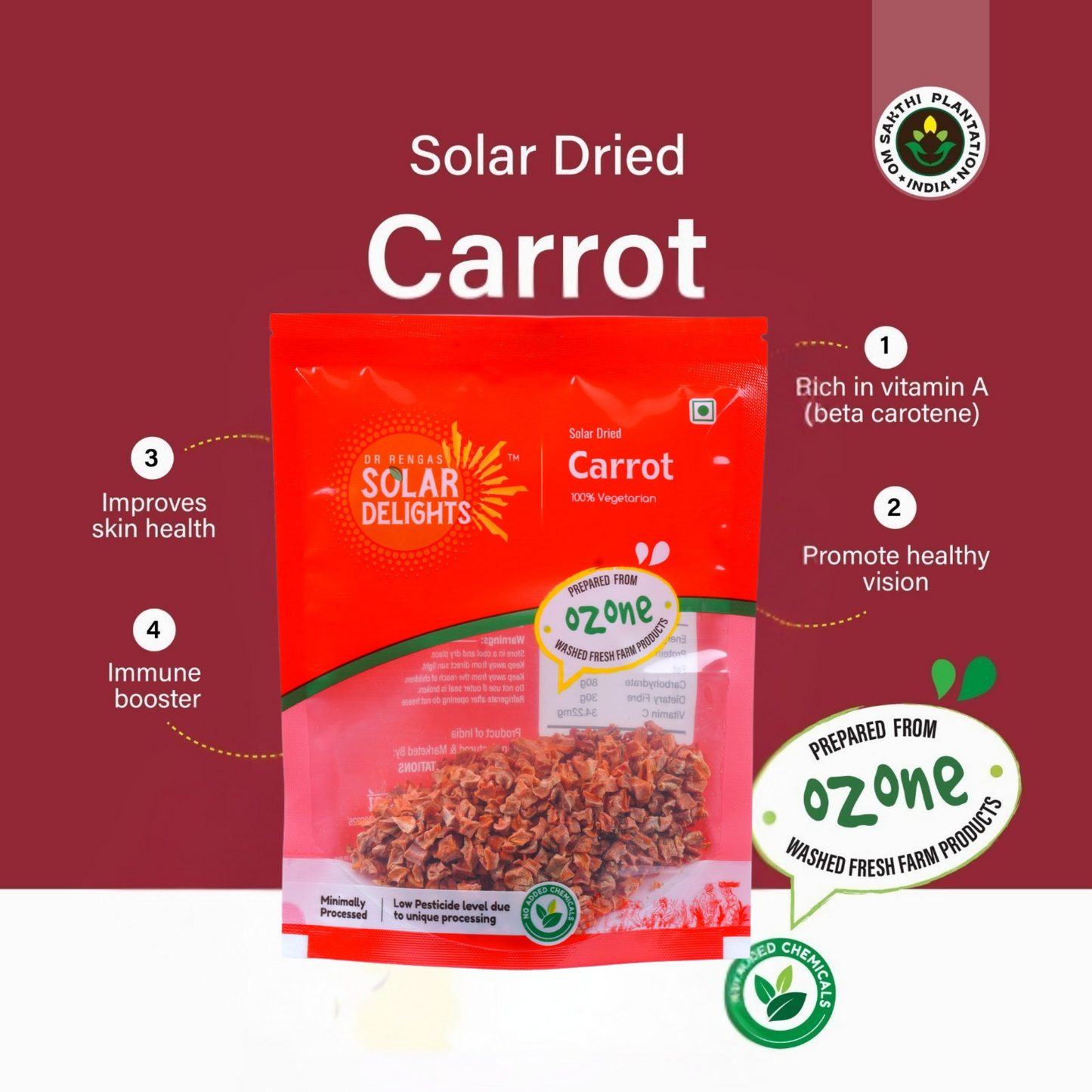 Dried carrot flakes – dehydrated carrot pieces for cooking or adding to healthy recipes.