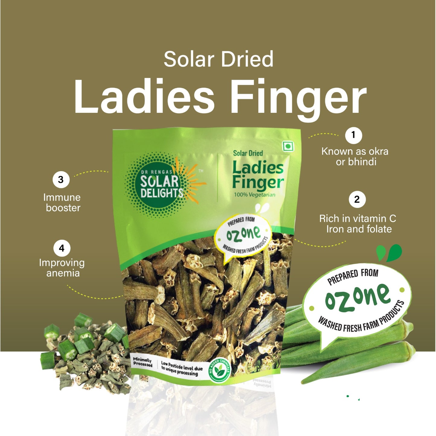 Dried lady finger chips – natural dehydrated vegetables made from solar dried okra slices.
