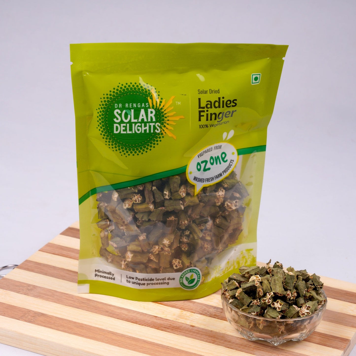 Dried okra – premium dehydrated vegetables from Dr. Renga’s Solar Delights, ideal for healthy meals.