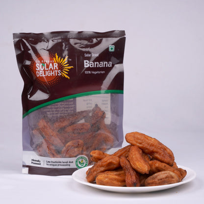 Naturally sweet dry banana slices – solar dried and ready-to-eat healthy snack from Dr. Renga’s Solar Delights.