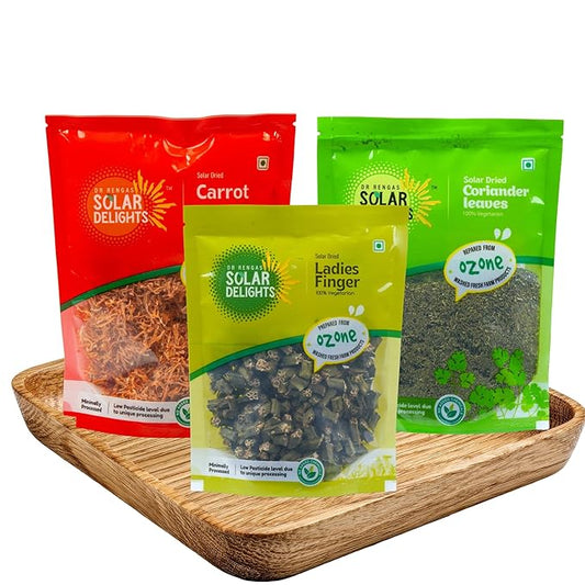 Everyday Cooking Pack with bhindi chips, carrot chips, and dried coriander leaf – healthy solar dried vegetables for daily cooking.