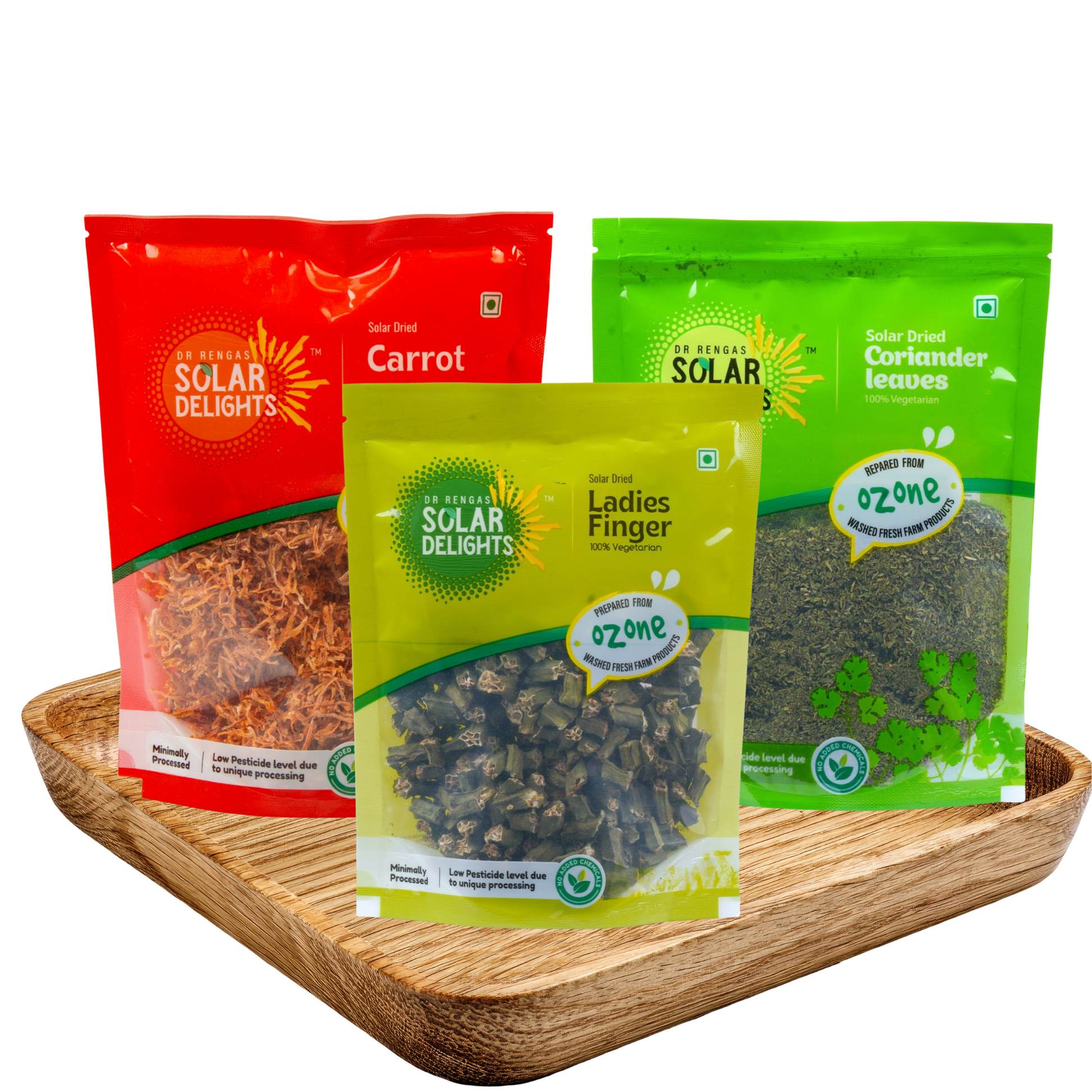 Everyday Cooking Pack from Dr. Renga's Solar Delights featuring solar-dried coriander, dehydrated carrots, and dried ladies finger - chemical-free vegetable combo for daily cooking
