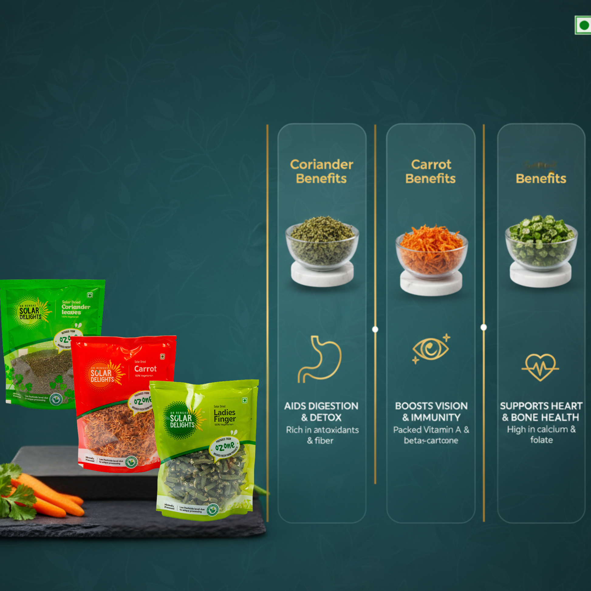 Natural kitchen staples - Everyday Cooking Pack with solar-dried coriander, dehydrated carrots, and dried okra - essential healthy vegetables for Indian cooking and everyday meal preparation