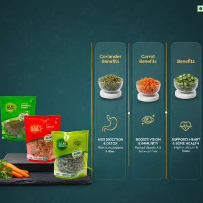 Natural kitchen staples - Everyday Cooking Pack with solar-dried coriander, dehydrated carrots, and dried okra - essential healthy vegetables for Indian cooking and everyday meal preparation