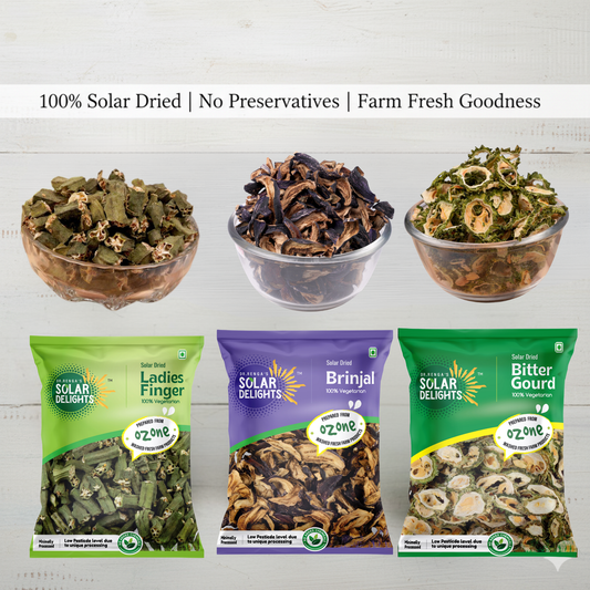 Everyday Veggie Combo from Dr. Renga's Solar Delights featuring solar-dried ladies finger, dehydrated bitter gourd, and dried brinjal - chemical-free vegetable combo for daily cooking