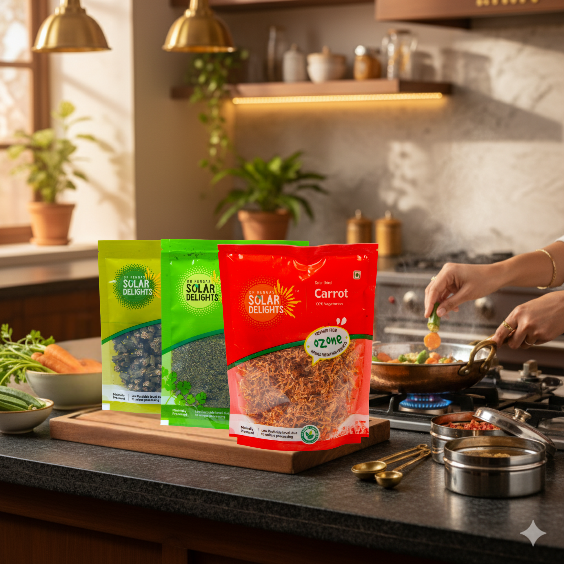 Farm-to-table Everyday Cooking Pack with sustainably grown solar-dried coriander, carrot, and ladies finger from Dr. Renga's 100-acre organic farm - eco-friendly dehydrated vegetables with maximum nutrient retention