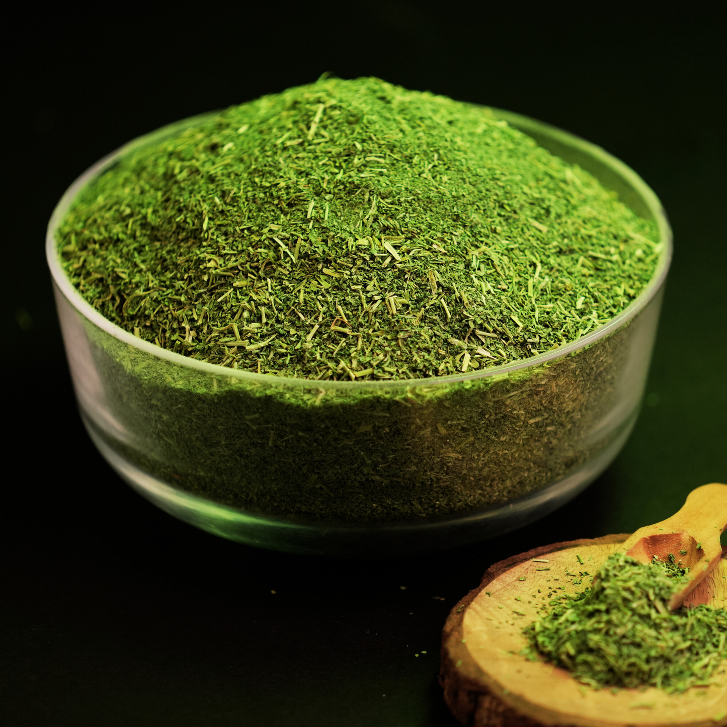 Close-up of solar dried fenugreek leaves showing golden green colour and bold texture