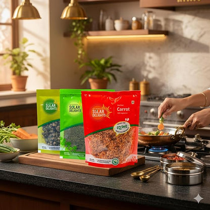 Grated carrots and carrot chips – naturally solar dried carrot pieces rich in colour, flavour, and nutrition.