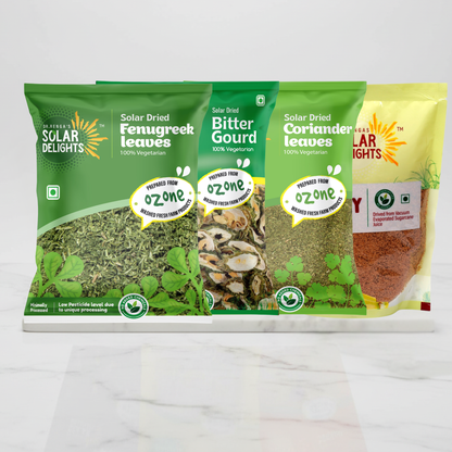 Healthy Lifestyle Pack from Dr. Renga's Solar Delights featuring natural jaggery granules, solar-dried bittergourd, dehydrated fenugreek, and dried coriander - chemical-free wellness combo for daily health