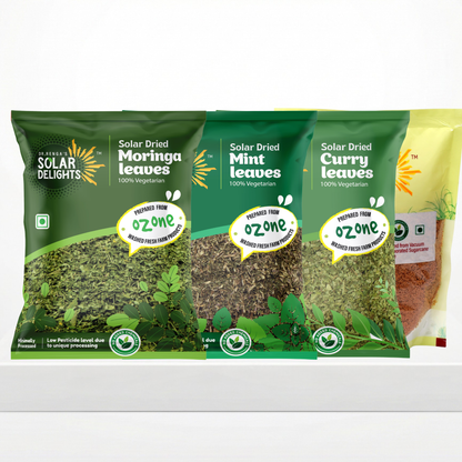 Herbal Energy Combo from Dr. Renga's Solar Delights featuring solar-dried moringa leaves, dehydrated mint, dried curry leaves, and natural jaggery - chemical-free herbal energy booster for daily vitality
