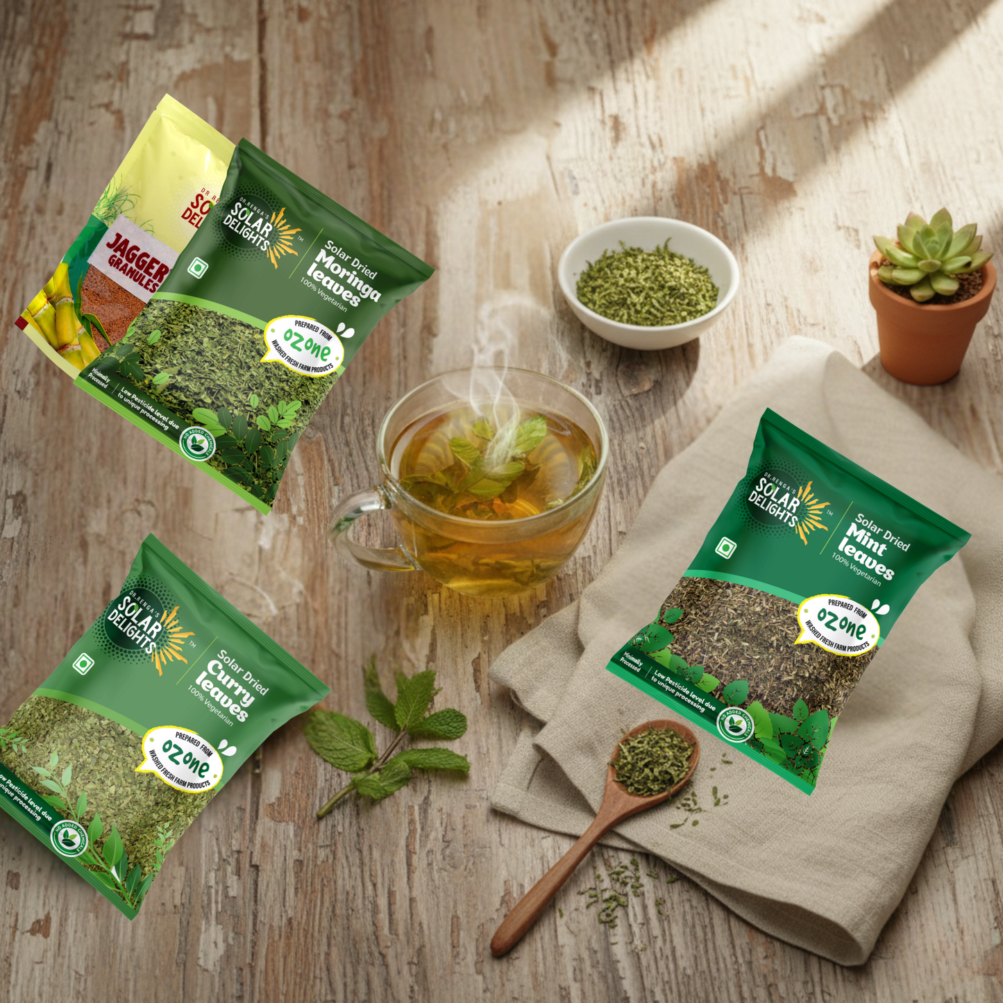 Herbal energy tea prepared from Herbal Energy Combo - steaming cup with solar-dried moringa, dehydrated mint, curry leaves, and natural jaggery sweetener - homemade wellness beverage with no artificial ingredients