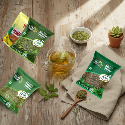 Herbal energy tea prepared from Herbal Energy Combo - steaming cup with solar-dried moringa, dehydrated mint, curry leaves, and natural jaggery sweetener - homemade wellness beverage with no artificial ingredients