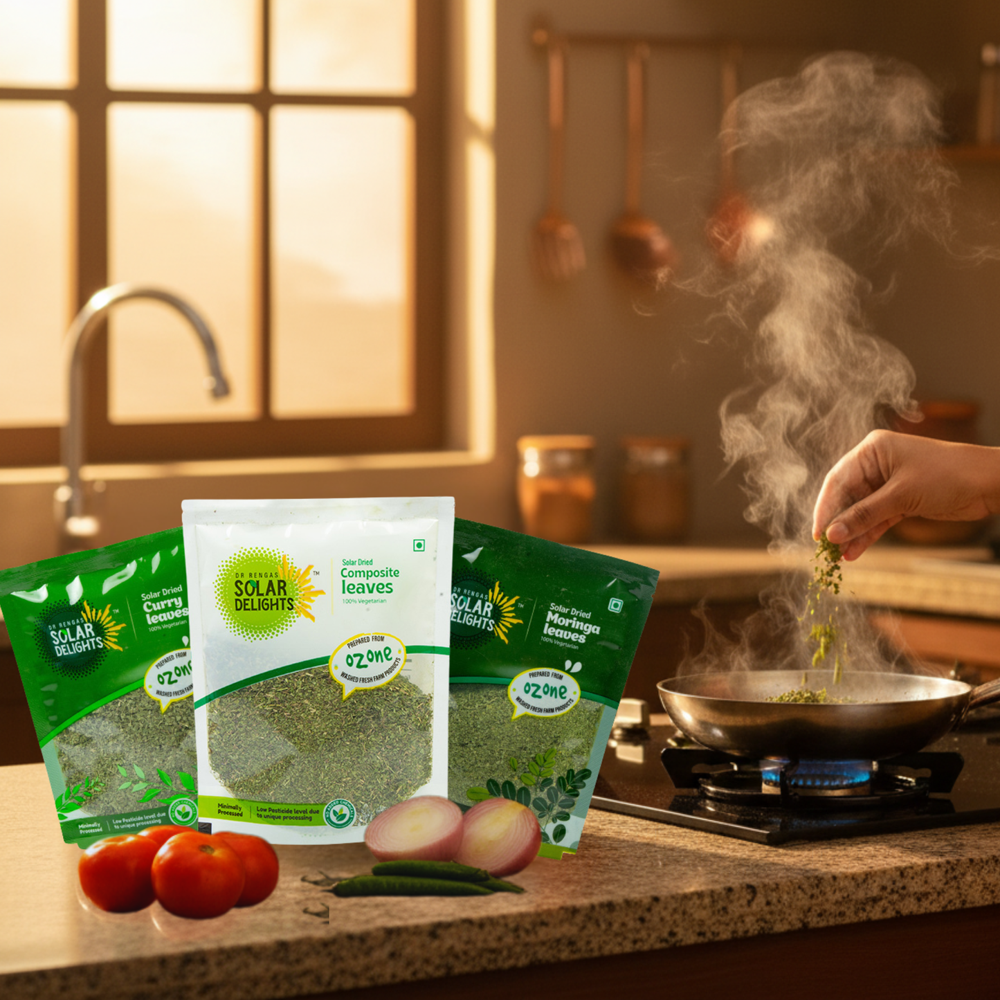 Herbal wellness tea brewed from Natural Herbal Leaf Fusion - steaming cup with solar-dried moringa leaves, curry leaves, and composite herb blend - homemade wellness beverage with no preservatives or added chemicals