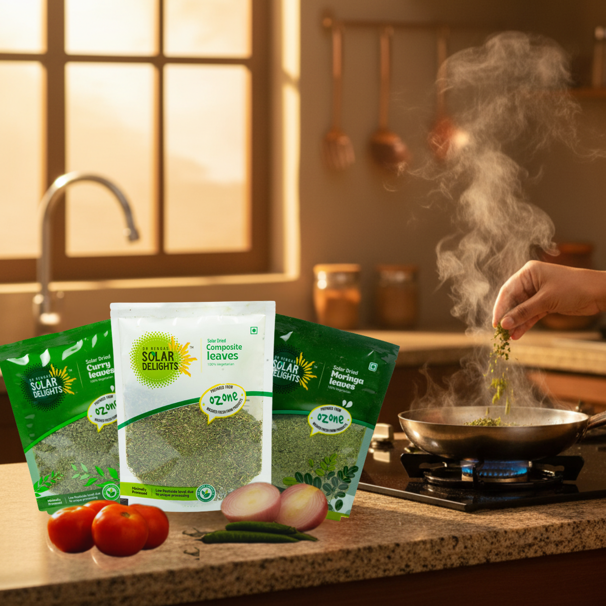 Herbal wellness tea brewed from Natural Herbal Leaf Fusion - steaming cup with solar-dried moringa leaves, curry leaves, and composite herb blend - homemade wellness beverage with no preservatives or added chemicals