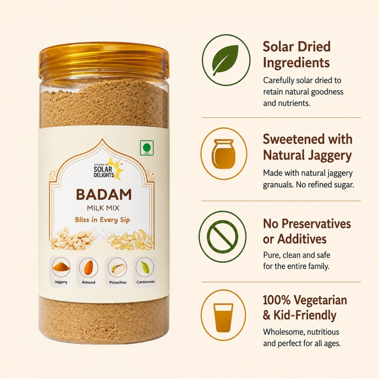 Healthy almond drink mix with jaggery, no refined sugar, and no preservatives
