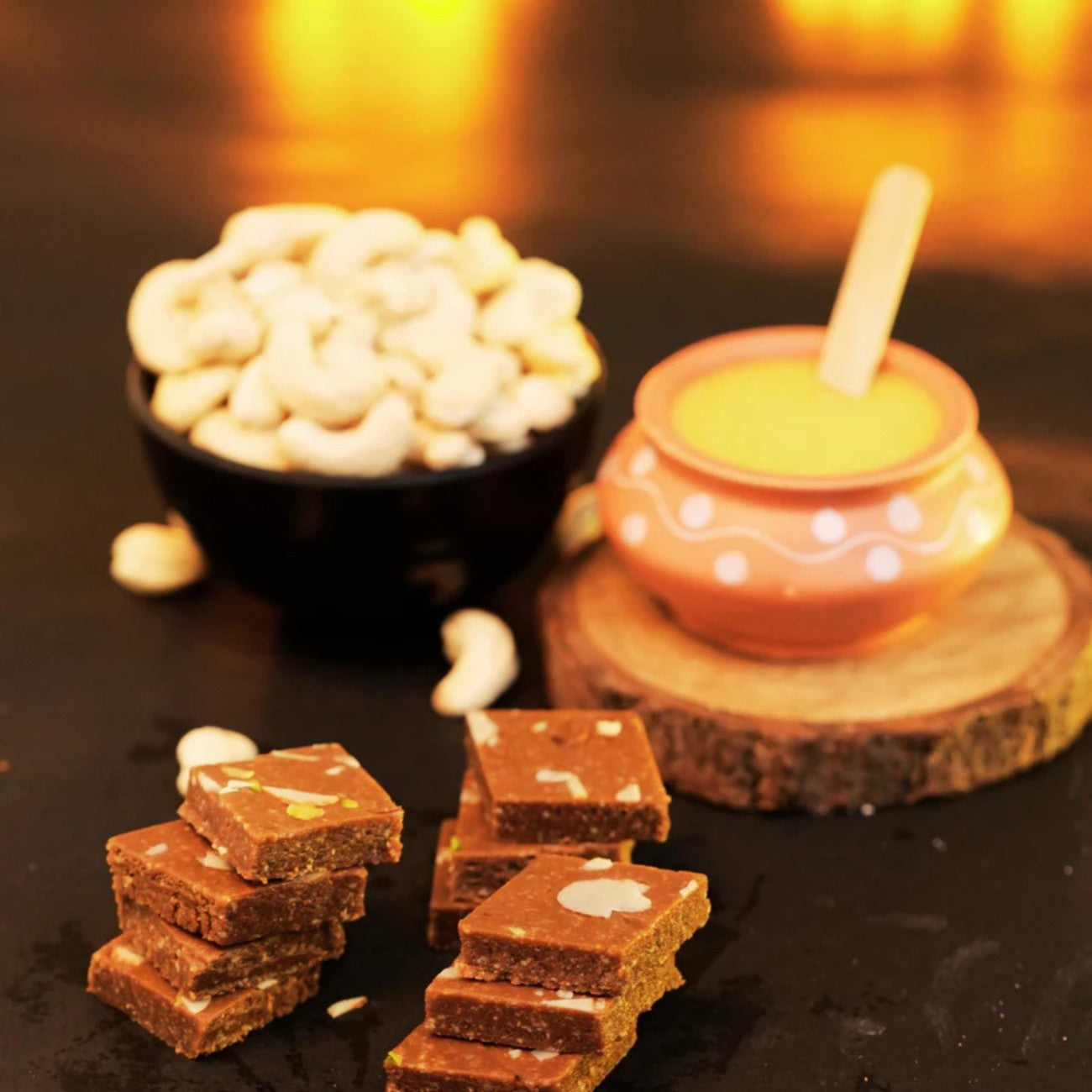 “Fresh kaju barfi sweet, rich cashew fudge dessert for festivals and celebrations”