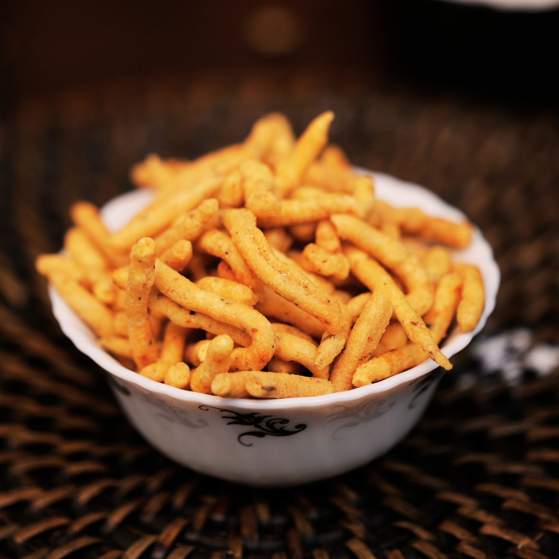 Kara sev served as a crispy chai-time snack – traditional South Indian savoury by Dr. Renga's Solar Delights